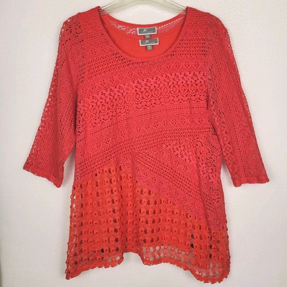 JM Collection Crochet‎ Overlay Tunic Top Petite XL Red 3/4 Sleeve Resortwear